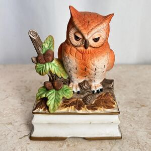 Vintage 50's Porcelain OWL Music Box Royal Crown Tested Brown Orange White